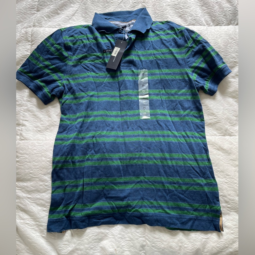 NWT: Tommy Hilfiger Men's Blue and Green Striped Polo Shirt size medium
